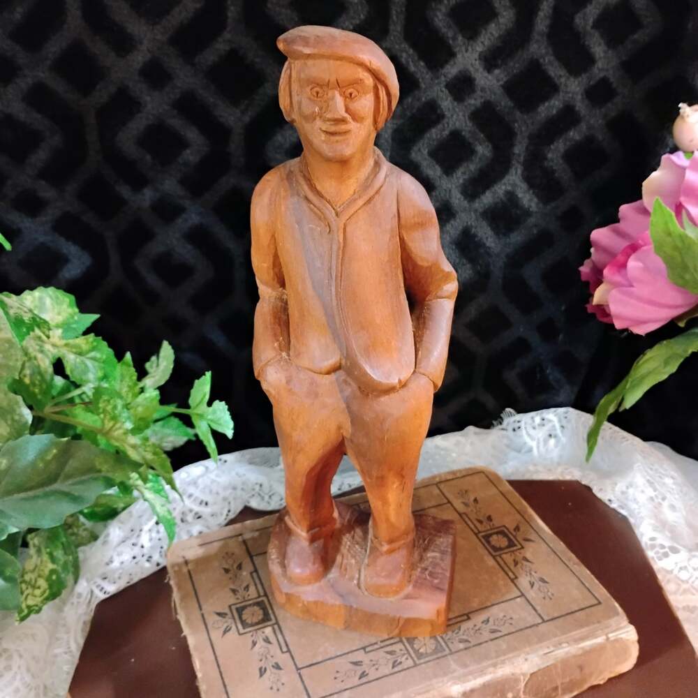 Folk Art Fisherman Vintage Wood Carving Figurine Wooden Sculpture, Durst 1974